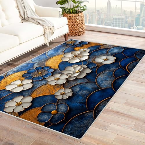 JOSUE Boho Kurzflor Teppich Schlafzimmer Blumen Carpet Waschbarer Vintage Kurzflor Esszimmer Vorzimmer Boho Living Room Rug Bedroom(Blau 17)-240x300cm von JOSUE