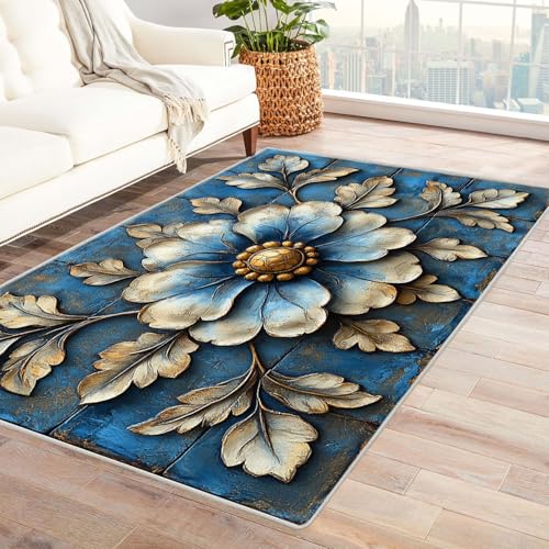JOSUE Boho Kurzflor Teppich Schlafzimmer Blumen Haus Dekoration Wohnzimmer Rutschfester Rug Eingangstürmatte Ocean Kinderkrabbel Carpet(Blau 30)-90x120cm von JOSUE