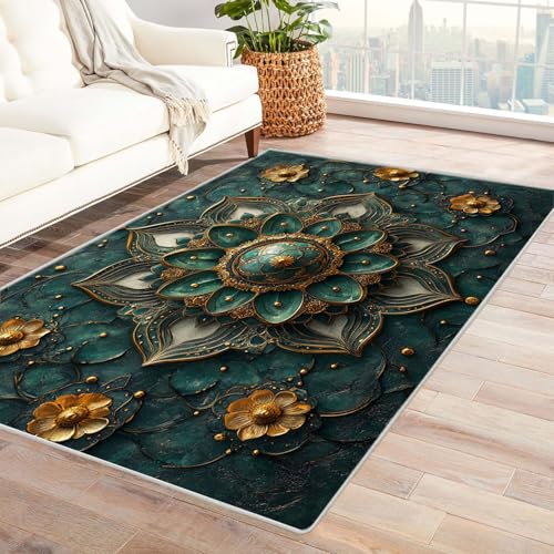 JOSUE Boho Kurzflor Teppich Schlafzimmer Blumen Haus Dekoration Wohnzimmer Rutschfester Rug Eingangstürmatte Ocean Kinderkrabbel Carpet(Türkis 12)-150x180cm von JOSUE