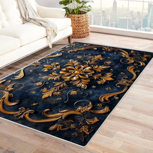 JOSUE Boho Kurzflor Teppich Schlafzimmer Blumen Teppich Wohnzimmer Schlafzimmer Weich Kurzflor & Waschbar & rutschfest Rug(Gold 21)-90x150cm von JOSUE