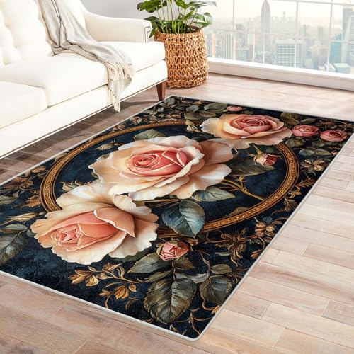 JOSUE Boho Kurzflor Teppich Schlafzimmer Blumen Teppich Wohnzimmer Schlafzimmer Weich Kurzflor & Waschbar & rutschfest Rug(Rosa 39)-90x120cm von JOSUE