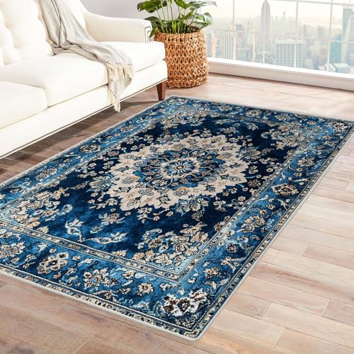 JOSUE Boho Kurzflor Teppich Schlafzimmer Böhmen Teppich Waschbar rutschfest Krabbelmatte für Kinderzimmer Schlafzimmer Dekoration(Blau 26)-120x150cm von JOSUE