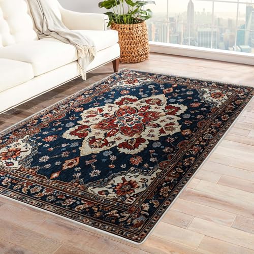 JOSUE Boho Kurzflor Teppich Schlafzimmer Böhmen Teppich Waschbar rutschfest Krabbelmatte für Kinderzimmer Schlafzimmer Dekoration(Blau 8)-120x150cm von JOSUE