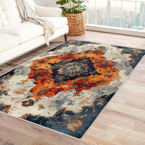 JOSUE Boho Kurzflor Teppich Schlafzimmer Böhmische Haus Dekoration Wohnzimmer Rutschfester Rug Eingangstürmatte Ocean Kinderkrabbel Carpet(Orange 30)-150x180cm von JOSUE