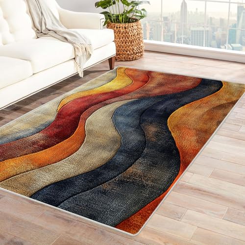 JOSUE Boho Kurzflor Teppich Schlafzimmer Linien Teppich Wohnzimmer Schlafzimmer Weich Kurzflor & Waschbar & rutschfest Rug(Orange 21)-210x270cm von JOSUE