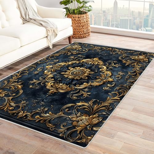 JOSUE Boho Kurzflor Teppich Schlafzimmer Retro Carpet Waschbarer Vintage Kurzflor Esszimmer Vorzimmer Boho Living Room Rug Bedroom(Gold 53)-60x90cm von JOSUE