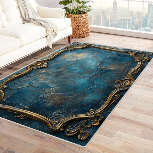 JOSUE Boho Kurzflor Teppich Schlafzimmer Retro Haus Dekoration Wohnzimmer Rutschfester Rug Eingangstürmatte Ocean Kinderkrabbel Carpet(Gold 48)-90x120cm von JOSUE