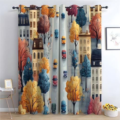 JOSUE Cartoon-Tiere Böhmische Landschaft-Küchenvorhänge Farbiger Baum Ösen Gardinen mit Blickdichte Thermo Kälteschutz Blackout Curtain Verdunkelung Fenster-H220 x B132 cm (2er Pack) von JOSUE
