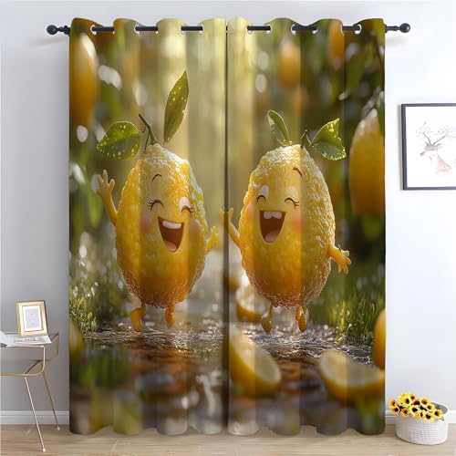 JOSUE Cartoon-Tiere Landschaft Rustikaler Vorhang Süße Früchte Blickdichte Gardinen Blackout Curtain Thermo Vorhang Kinder Mädchen Schlafzimmer Wohnzimmer-H215 x B100 cm (2er Pack) von JOSUE