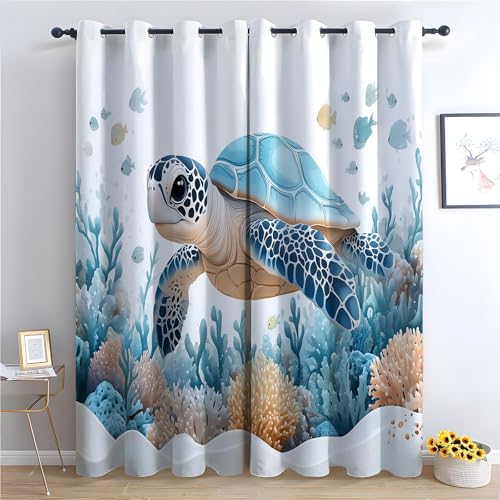 JOSUE Cartoon-Tiere LandschaftVorhänge mit Ösen Ozean Meer Blickdichte Gardinen Blackout Curtain Thermo Vorhang Kinder Mädchen Schlafzimmer Wohnzimmer-H230 x B160 cm (2er Pack) von JOSUE