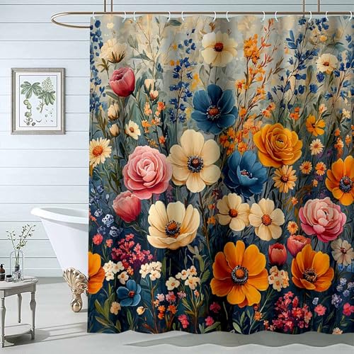 JOSUE Duschvorhang Blumen Pflanzen Wildblumen Natur Floral Badezimmer Dekor Ästhetisch Neutral Bad-Set Boho Badezimmer-H200 x B160 cm von JOSUE