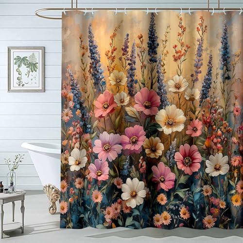 JOSUE Duschvorhang GrüNe Pflanzen Wildblumen Botanischer Grauer Badezimmervorhang Wasserdichter Badewannenvorhang-H200 x B240 cm von JOSUE