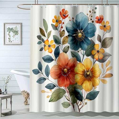 JOSUE Duschvorhang für Wohnmobile Blumen Aquarell-botanischer Badezimmer-Vorhang-wasserdichter Wannen-Elegent-Duschvorhang mit Haken-H200 x B220 cm von JOSUE