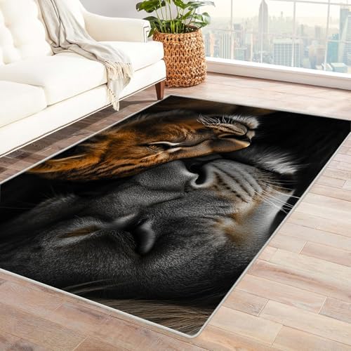 JOSUE Generic Weicher Teppich 3D Löwe Minimalistische Tierwelt Wohnzimmer Teppich Weiche rutschfeste Waschbare Fußmatte Spielmatte(Schwarz)-150x210cm von JOSUE