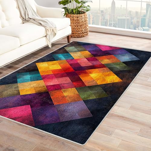 JOSUE Generic Weicher Teppich 3D Vintage Boho Rétro Carpet Geometrische Linien Teppiche für Schlafzimmer Esszimmer rutschfest Weich Modern Teppich Groß(Gelb)-180x270cm von JOSUE