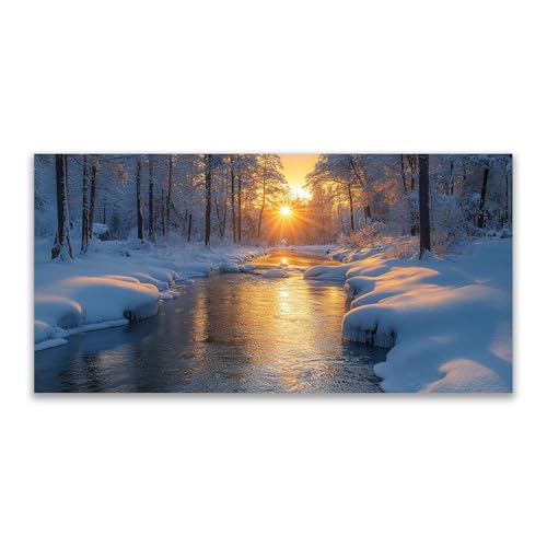 JOSUE Gold, schwarz Moderne Wandbild Kunstdruck auf Leinwand, Schnee bei Sonnenuntergang Bilder Wohnzimmer Deko Winterlandschaft Bild Schlafzimmer Decor Kunst-60x120cm Ungerahmt von JOSUE