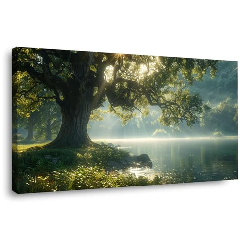 JOSUE Landschaft Bilder Natürlicher Baumsee wandbilder modern Leinwand,Grün, grau Groß XXL Wanddeko Bild Wall Decor Schlafzimmer Küche Deko-60x120cm Gerahmt von JOSUE