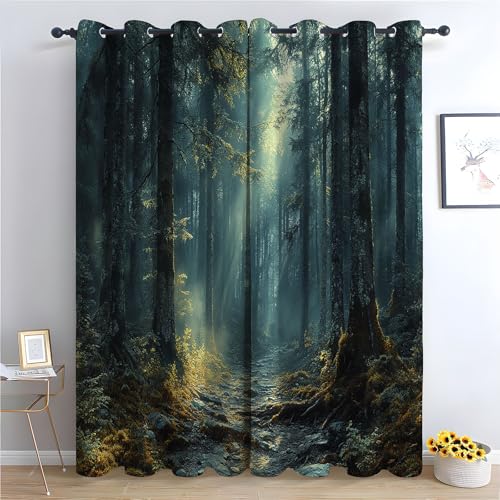 JOSUE Natur Vorhänge Wald Baumwald 2er Set, Thermovorhang Kälteschutz Schallschutz für Wohnzimmer Schlafzimmer-H140 x B110 cm (2er Pack) von JOSUE