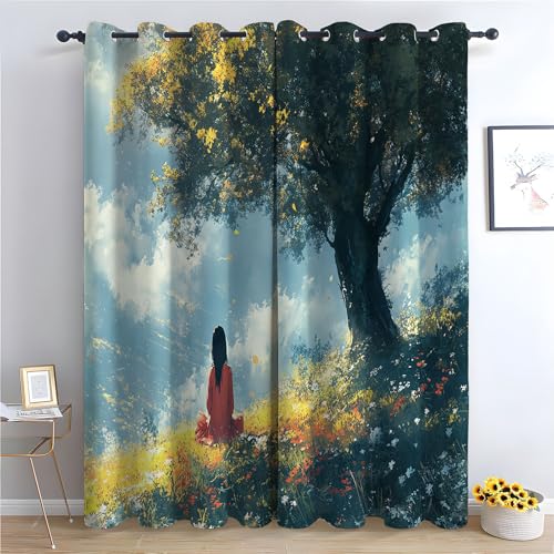 JOSUE Natur Vorhänge Wald Bunter Graslandbaum Blackout Curtain Schlafzimmer Wohnzimmer Weich Verdunklungsvorhänge 2er Set-H215 x B100 cm (2er Pack) von JOSUE