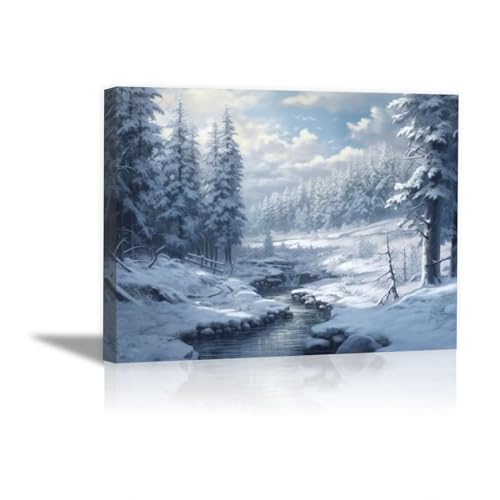 JOSUE Natur Winterlandschaft Leinwand Deko, Schneewald Grau Wand Bilder für Wohnzimmer Schlafzimmer Flur Deko -30x40cm Gerahmt von JOSUE