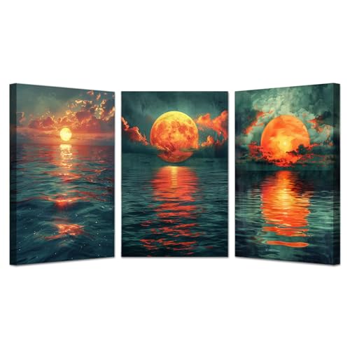 JOSUE Set 3 Teilig Aquarell Bilder Sonnenuntergang Ozean Painting Bilder Leinwand,Gold, schwarz Bild Kunstdrucke Wohnzimmer Wanddekoration Deko Xxl-50x70cmx3 Gerahmt von JOSUE