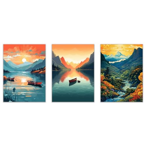 JOSUE Set 3 Teilig Berg Bilder Boots-Fluss-Landschaft Leinwand.Gelb, Blau Moderne Wohnzimmer Nordische Dekoration Wandkunst Malerei Bild-30x45cmx3 Ungerahmt von JOSUE