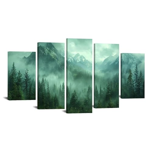JOSUE Set 5Teilig Bilder Natur Landschaft Natürlicher Berg Painting Bilder Leinwand,Grün, grau Modern Kunstdruck Wanddeko Wandbilder Wohnzimmer-80x150cm Gerahmt von JOSUE