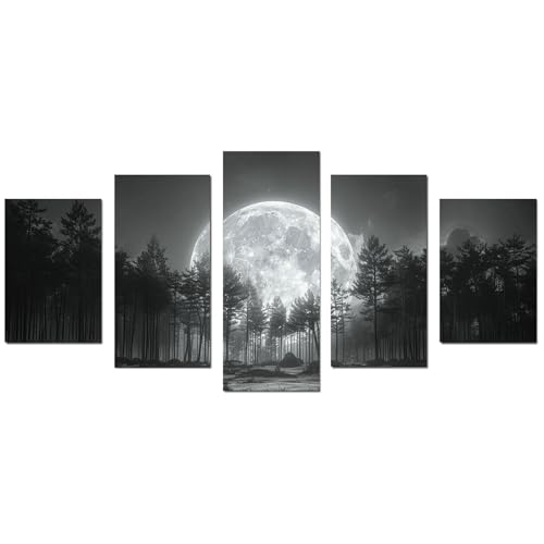 JOSUE Set 5Teilig Bilder Xxl Wald Mond Minimalistisch Bilder Leinwand Modern,Schwarz, grau Wandbilder Wohnzimmer Wanddeko Badezimmer Dekor-50x100cm Ungerahmt von JOSUE