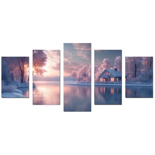 JOSUE Set 5Teilig Leinwand Bilder Wohnzimmer Schlafzimmer, Winterlicher Waldsee Büro Flur Wandbilder Bild auf Leinwandbilder Kunstdruck Wanddeko Modern Design - 80x150cm Ungerahmt(Rosa) von JOSUE