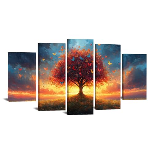 JOSUE Set 5Teilig Leinwand Groß XXL Deko Schlafzimmer Aesthetic Leinwandbilder Sonnenuntergang Wandbilder Dekoration Küche Wanddeko Bild Wand Kunstdruck Canvas(Orange 2)-60x125cm Gerahmt von JOSUE
