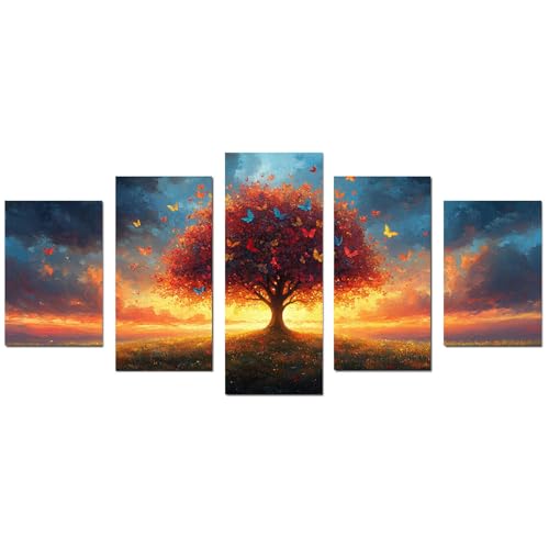 JOSUE Set 5Teilig Leinwand Groß XXL Deko Schlafzimmer Aesthetic Leinwandbilder Sonnenuntergang Wandbilder Dekoration Küche Wanddeko Bild Wand Kunstdruck Canvas(Orange 2)-60x125cm Ungerahmt von JOSUE