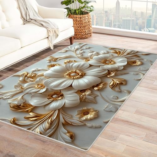 JOSUE Teppich Vintage Boho 3D Rétro Carpet Teppiche Minimalistische Blumen Schlafzimmer Dekoration Bodenbelag Innenbereich Teppich Waschbar Anti-Rutsch(Gold 54)-150x240cm von JOSUE