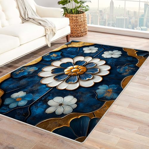JOSUE Teppich Wohnzimmer Waschbarer Boho Blumen Kurzflor Waschbarer Teppich Super Weich rutschfest Blumen Design Groß Wohnzimmerteppich(Blau 16)-150x180cm von JOSUE