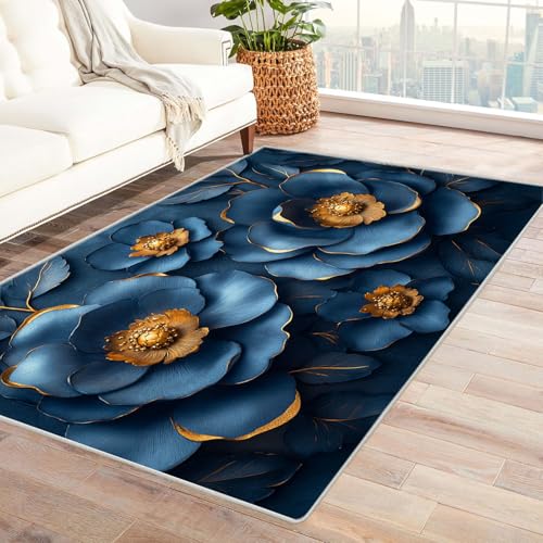 JOSUE Teppich Wohnzimmer Waschbarer Boho Blumen Kurzflor Waschbarer Teppich Super Weich rutschfest Blumen Design Groß Wohnzimmerteppich(Gold 34)-90x150cm von JOSUE