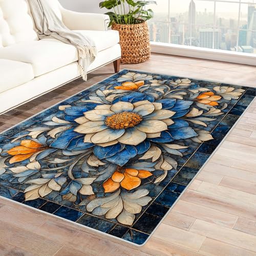 JOSUE Teppich Wohnzimmer Waschbarer Boho Blumen Schlafzimmer Badezimmer Rutschfester Rug Eingangstürmatte Ocean Kinderkrabbel Carpet(Blau 29)-90x120cm von JOSUE
