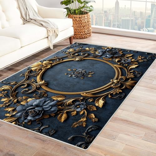 JOSUE Teppich Wohnzimmer Waschbarer Boho Blumen Schlafzimmer Badezimmer Rutschfester Rug Eingangstürmatte Ocean Kinderkrabbel Carpet(Gold 47)-90x120cm von JOSUE