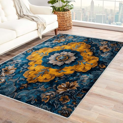 JOSUE Teppich Wohnzimmer Waschbarer Boho Blumen Teppich Wohnzimmer Schlafzimmer Weich Kurzflor & Waschbar & rutschfest Rug(Gelb 43)-210x300cm von JOSUE