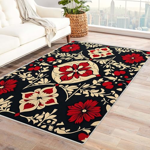 JOSUE Teppich Wohnzimmer Waschbarer Boho Blumen Teppich Wohnzimmer Schlafzimmer Weich Kurzflor & Waschbar & rutschfest Rug(Rot 7)-150x180cm von JOSUE