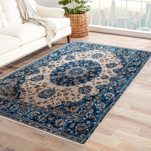 JOSUE Teppich Wohnzimmer Waschbarer Boho Böhmen Teppich Wohnzimmer Schlafzimmer Weich Kurzflor & Waschbar & rutschfest Rug(Blau 25)-90x150cm von JOSUE