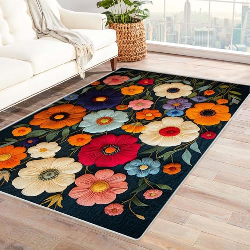 JOSUE Teppich Wohnzimmer Waschbarer Boho Bunt Kurzflor Waschbarer Teppich Super Weich rutschfest Blumen Design Groß Wohnzimmerteppich(Rosa 16)-90x120cm von JOSUE
