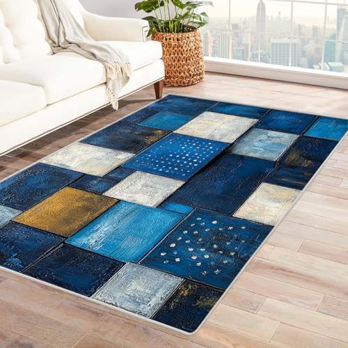 JOSUE Teppich Wohnzimmer Waschbarer Boho Geometrie Teppiche für Schlafzimmer Esszimmer rutschfest Weich Modern Teppich Groß Rug(Blau 20)-90x150cm von JOSUE