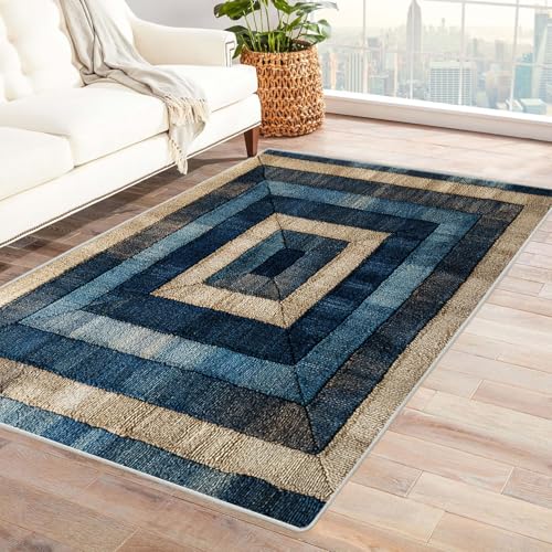 JOSUE Teppich Wohnzimmer Waschbarer Boho Linien Teppiche für Schlafzimmer Esszimmer rutschfest Weich Modern Teppich Groß Rug(Blau 38)-120x180cm von JOSUE