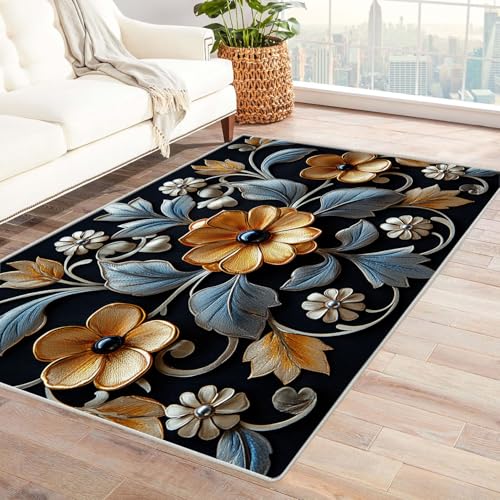 JOSUE Teppich Wohnzimmer Waschbarer Boho Retro Kurzflor Waschbarer Teppich Super Weich rutschfest Blumen Design Groß Wohnzimmerteppich(Gold 34)-210x300cm von JOSUE