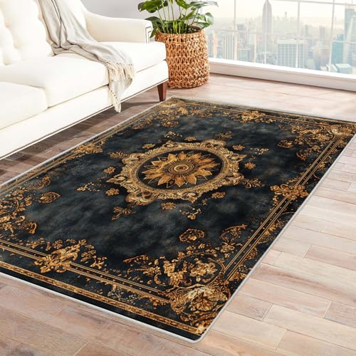 JOSUE Teppich Wohnzimmer Waschbarer Boho Retro Teppich Wohnzimmer Schlafzimmer Weich Kurzflor & Waschbar & rutschfest Rug(Blau 25)-120x180cm von JOSUE