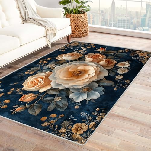 JOSUE Vintage Teppich Wohnzimmerteppich Blumen Wohnzimmer Schlafzimmer Dekor Kinder Spielmatte Küche Korridor Essbereich Teppich(Grau 31)-150x180cm von JOSUE