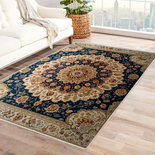 JOSUE Vintage Teppich Wohnzimmerteppich Böhmen ideal fürs Wohnzimmer, Schlafzimmer und Kinderzimmer auch als Badematte Rug(Blau 58)-90x150cm von JOSUE