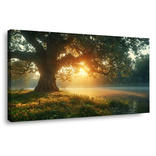 JOSUE Wald Bilder Auf Leinwand Xxl Baum des Lebens Wandbilder Leinwand,Grün, Gold Bilder Wohnzimmer Schlafzimmer Wandbilder Wanddekoration-50x100cm Gerahmt von JOSUE