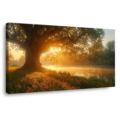 JOSUE Wald Bilder Auf Leinwand Xxl Baum des Lebens Wohnzimmer Bilder Groß Leinwand,Grün, Gold Wandbilder Xxl Kunstdruck Deko FüR Wohnzimmer Schlafzimmer-50x100cm Gerahmt von JOSUE