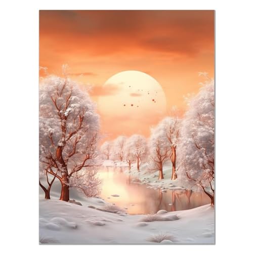 JOSUE Winterlandschaft, Schneewald Leinwand-Wandbilder, Moderner Sonnenuntergang Orange, weiß Bilder äSthetisches Raumdekor Wohnzimmer Badezimmer Wanddekoration -30x40cm Ungerahmt von JOSUE