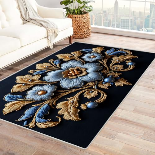 JOSUE Wohnzimmer Vintage Teppich Blumen Boho Teppiche fürs Schlafzimmer, Arbeitszimmer, Büro, Flur, Kinderzimmer und Küche(Blau 23)-60x90cm von JOSUE